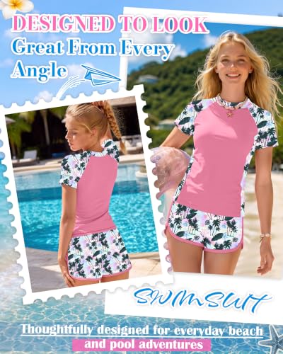 Image of Xaatren Girls 2 Piece Rash Guard Swimsuit | Quick Dry Bathing Suits, Short Sleeve Floral Beach Swimwear, Summer Tee and Boyshort Sets, Protection, Hawaiian, 7-16 Year