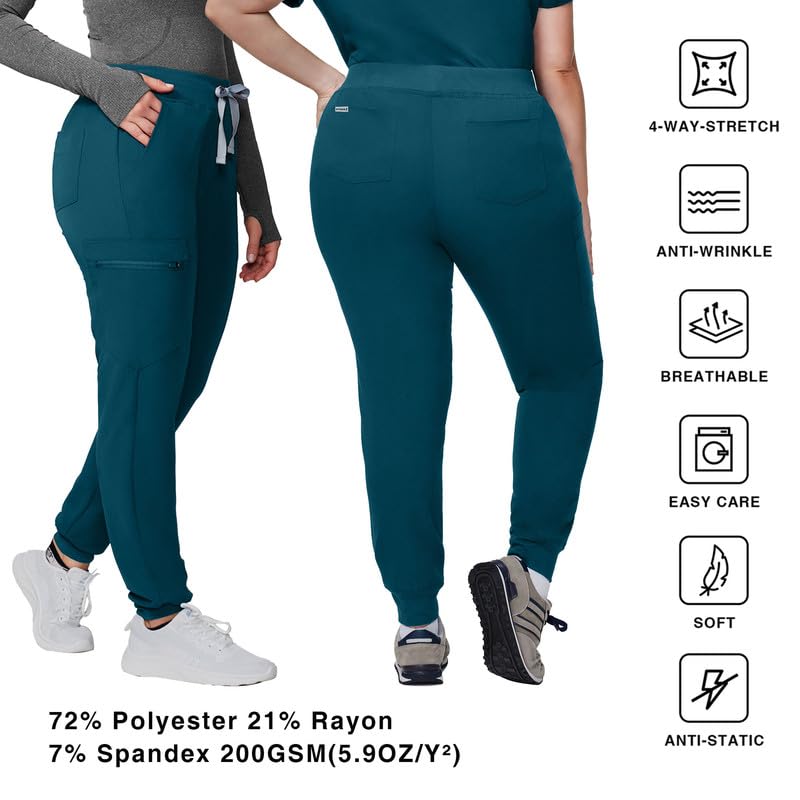 Image of Kitmaz Scrub Pants for Women - Mid Rise 4-Way Stretch Anti-Wrinkle Slim Fit Jogger Pants, Drawstring & 5 Pockets