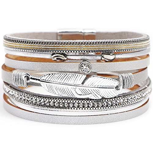 Suyi Women Wrap Bracelet Multilayered Leather Braided Bangle Wrist Cuff Bangles with Magnetic Buckle Leaf Silver