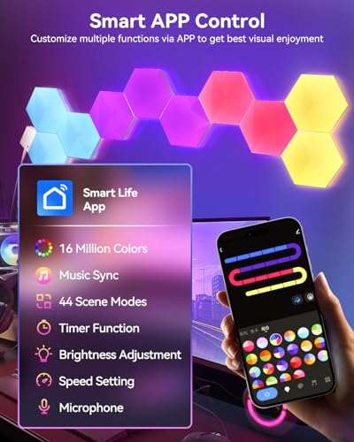Upgraded-RGBIC-Hexagon-LED-Lights-Glide-Hex-Light-Panels-Smart-Modular-Hex-Tiles-Gaming-Decor-DIY-Wall-Lighting-for-Christmas-Decor-with-Music-Sync-Remote-APP-Control-Voice-Control9-Pack