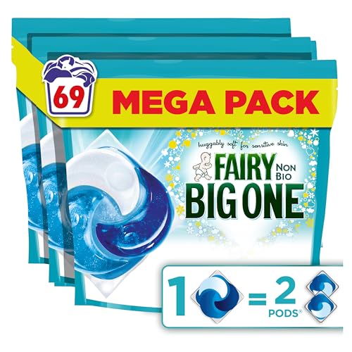 Fairy Non Bio The Big One PODS Washing Liquid Laundry Detergent Capasules 69 Washes (3x23) 2X Stain Removal Huggably Soft For Sensitive Skin