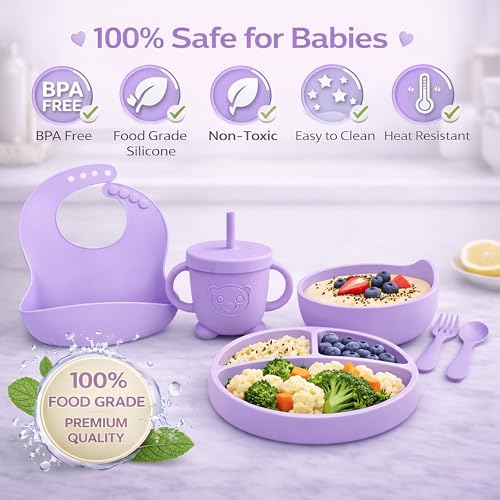 Image of 10 Pcs Silicone Baby Feeding Set for Toddlers 6+ Months | Baby Led Weaning Self Feeding Kit | Suction Plate & Bowl, Bib, Cup, Spoon & Fork, Fruit Feeder, Finger Brush | FDA | Ebook (Lavender)