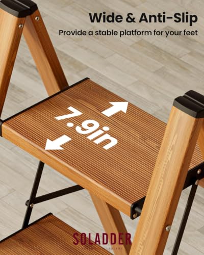 Image of SOLADDER 3 Step Ladder, Folding Aluminum 3 Step Stool with Anti-Slip Wide Sturdy Pedal, Multi-Use for Home and Kitchen, Space Saving-Woodgrain(300 lbs Capacity)