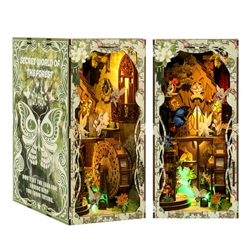 IBOHEYE Book Nook with LED Light - 3D Puzzles for Adults, DIY Miniature House Kit,3D Creative Decorative Bookend, Book Shelf Decor, Perfect, Dollhouse Book Nooks - Secret Forest