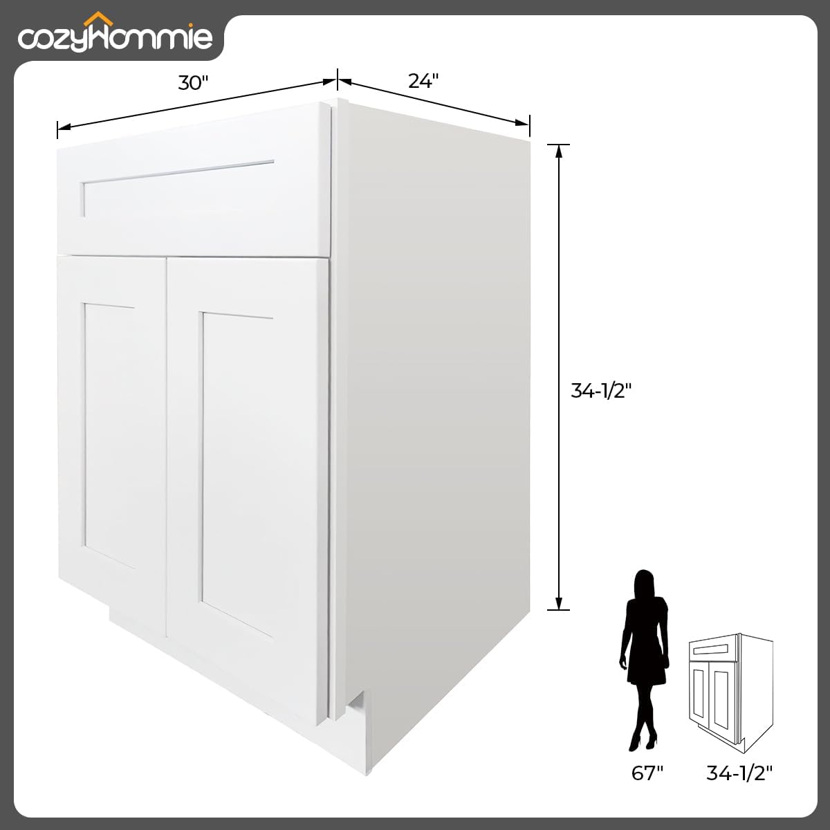 RTA Sink Base Storage Cabinets by Solid Wood for Bathroom, Kitchen - Compact and Large Capacity with 2 Doors, 1 Fake Drawer (White, 30" Width x 24" Depth x 34-1/2" Height)