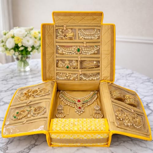 Image of Trendifly silk Lucknowi Jewellery Organiser Box for women Necklace organizer pouches Travel Makeup Cosmetic Earrings Jewelry Storage box for Bridal Gifting (Bright Yellow)