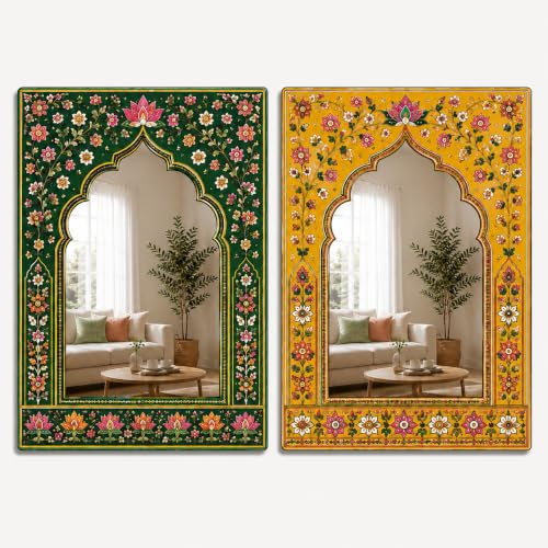 Image of American Elm Pack of 2 Jharokha Mirror Wall Decor for Home Decor Living Room Indian Floral Arch Acrylic Mirror Wall Hanging