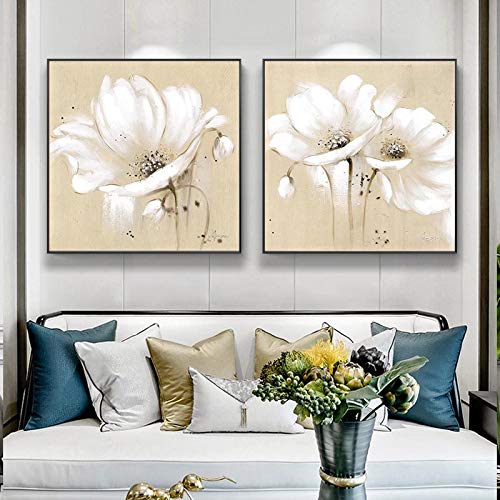 Tableau fleurs abstraites blanches 60x60cm lot de 2 toiles modernes salon