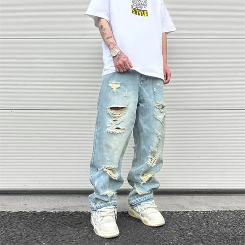 Men Washed Blue Oversized Jeans Wide Leg Jeans Baggy Straight Ripped Denim Pants3