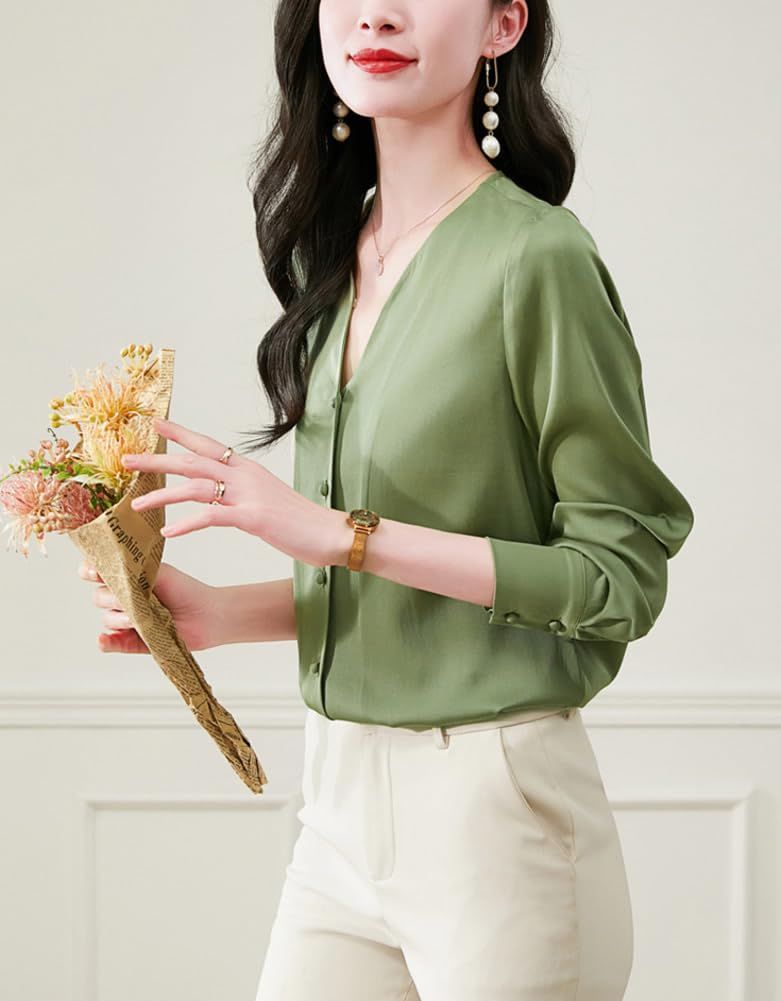 DISSA Chemise Soie Col V Boutonnée Manches Longues Top