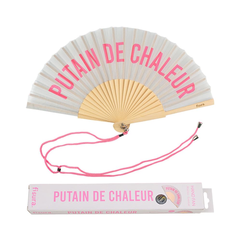 Fisura Chaleur, Grey And Pink - Original Handheld Folding Fan With Message In French. Wooden Fan. Original Holding Hand Fans. Fan With Hanger Included (Chaleur, Grey And Pink)