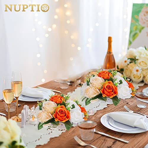 Image of NUPTIO Flower Balls for Wedding Centerpieces: 9.5 Inch Diameter Orange Artificial Flower Ball Arrangement Bouquet Fall Party Table Decor - Fake Rose Autumn Weddings 2 Pcs