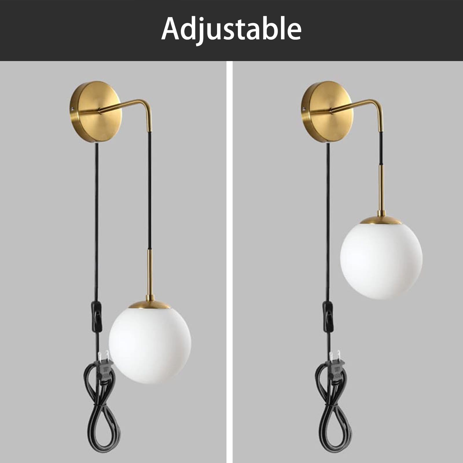 Appliques murales d'intérieur E27 avec Prises et interrupteurs Applique Murale avec Abat-Jour en Verre et Pendentif en métal Lot de 2 luminaires en Or Noir Vanité Chambre Salon