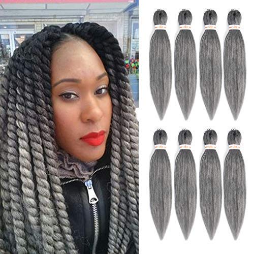 UNA Pre-Stretched Braiding Hair Extensions Silver - 24 inch 8 Packs Synthetic Crochet Braids, Natural Easy Braid Crochet Hair, Hot Water Setting Professional Soft Yaki Texture (24inch,8pieces, Silver)