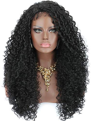 Kalyss Lightweight Synthetic Deep Curly Wave Lace Wigs for Women Long Black Afro Kinky Curly Full Natural Bouncy Curls Deep Hand Tied Lace Curved Part 150% Density Lace Wig for Women