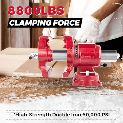 Image of Upgraded UPG 5-Inch Terminal Location Bench Vise with Ductile Iron Bench Vise 360 Multi-Purpose Bench Vice with Anvil and Positioning Pins, Clamp force 8800lbs, Red Swivel Vise