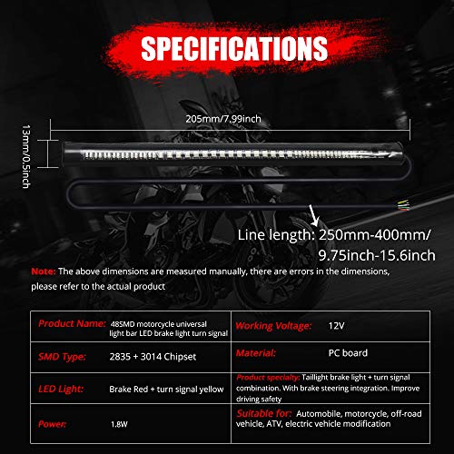 Universal Motorcycle Tail Lights 48 LEDs Amber/Red Colors Brake Stop Turn Signal Flexible LED Strips for D avidson H Arley,Motorbike,ATV,RV,SUV,CAR.(2-Pack). - Thumbnail 7