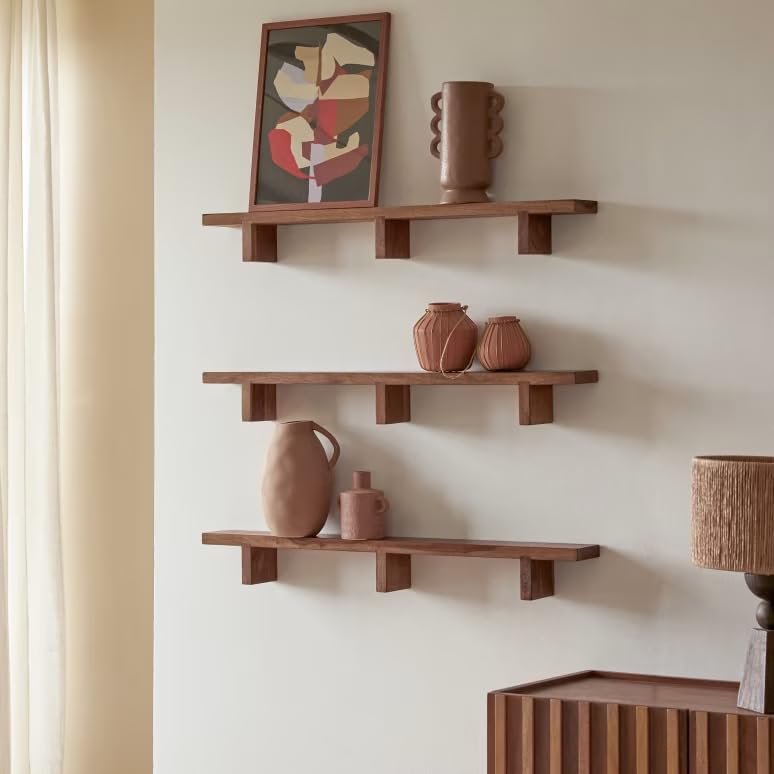 Image of 3 Years Warranty Sheesham Wood Wall Shelf for Living Room Bathroom | Floating Shelf Wall Mounted Display Rack for Decor Plants Toiletries | Minimal Modern Storage Organizer | Space Saving| Rosewood