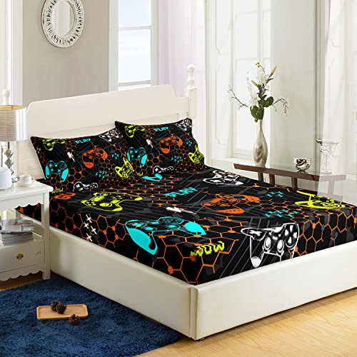 AILONEN Gamer Fitted Sheet for Kids, Game Sheet Set Twin Size,Gaming Bedsheets Set,Gamepad Bed Sheet Set for Boys,Boys Video Games Bedding Set,1 Fitted Sheet and 2 Pillow Case,3 Piece