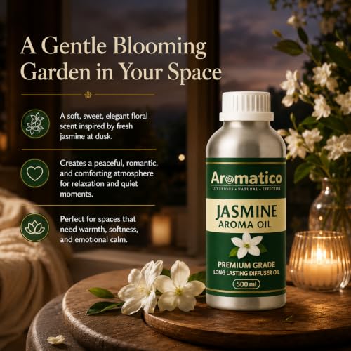 Image of AROMATICO Jasmine Diffuser Oil with Strong, Long-Lasting Aroma for Homes, Offices & Showrooms | Aromatherapy, Diffusers, Air Purifiers, Vaporizers -500ML