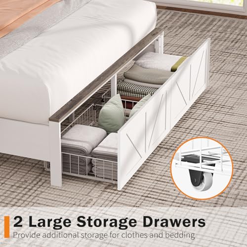 Image of Yoobure Farmhouse Queen Bed Frame with Headboard - Bed Frame Queen Size with Charging Station & LED Lights, Wood Bedframe Queen-Size with 2 Storage Drawer, Platform Beds, No Box Spring Needed, White