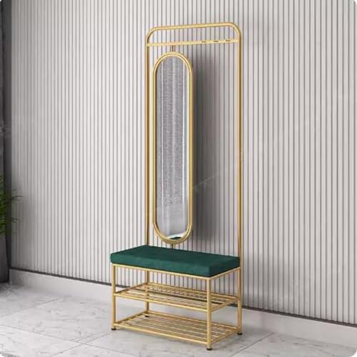 Organizador de entrada con espejo giratorio con ganchos para abrigos y banco de zapatos de 2 niveles, elegante solución de furia de pasillo para zapatos, abrigos y accesorios