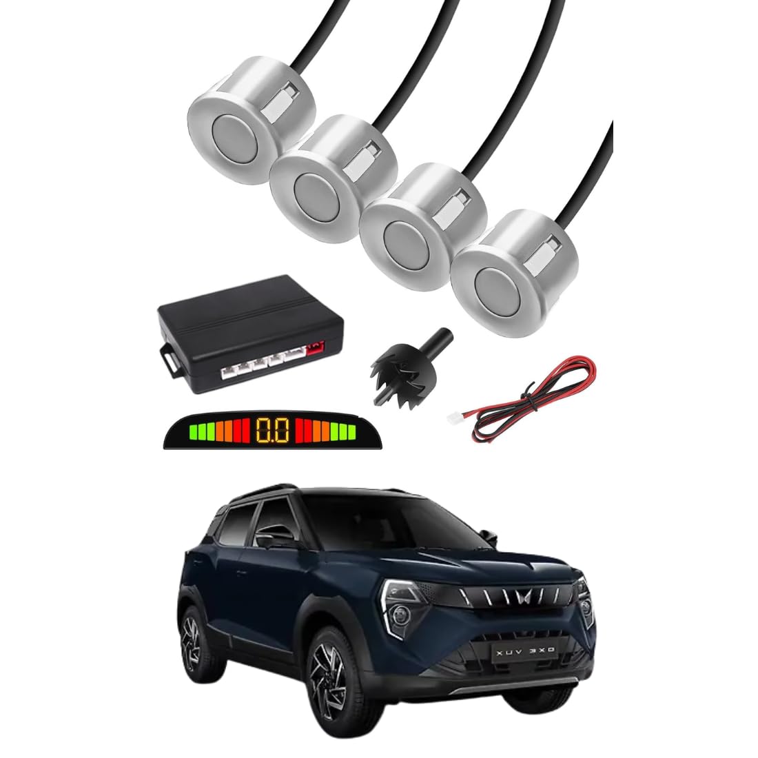 Car Parking Sensor Kit with LED Display – Reverse Parking Assistance System with 4 Ultrasonic Sensors, Buzzer Alert & Distance Indicator Silver for Mahindra XUV 3XO-image-33