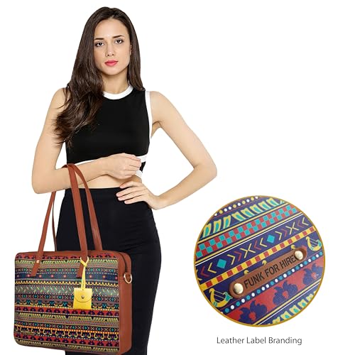 Image of Funk For Hire Women's Multi Color Printed Vegan Leather 15.6 inch Laptop Handbag Sling with Waterproof Nylon Lining Adjustable Strap Cushioned Compartment Organizer Lightweight