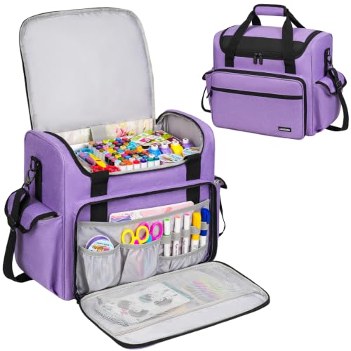 Image of Craft Bag for Scrapbook Supplies, Large Scrapbook Tote with 15.6'' Laptop Sleeve, Art Supply Storage Bag with Multiple Pockets for Scrapbooking Tools, Purple
