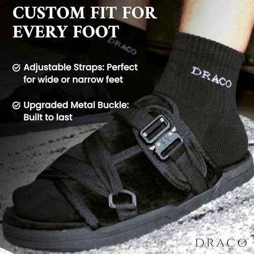 DracoSlides Remastered Slides for Men and Women - Covered in Premium Velour with Adjustable Straps Ideal for Wide/Narrow Feet, Sandals with Arch Support & Slip Resistant, Men & Women Footwear, Black3