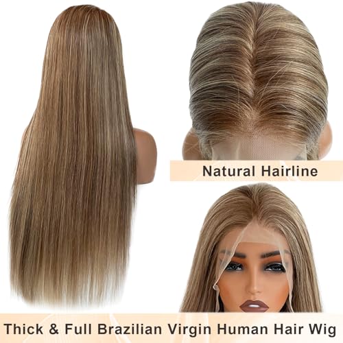 Image of 28 Inch Ombre Brown Highlight Lace Front Wigs Human Hair Balayage Brown with Ash Blonde Highlights Brazilian Raw Human Hair 13x6 HD Frontal Wig Pre Plucked 180% Density Glueless Wigs for White Women