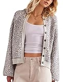 Burtell Women Slouchy Leopard Print Cardigan Sweaters Crew Neck Long Sleeve Button Down Knit Sweater Top Cheetah Graphic Coat Grey