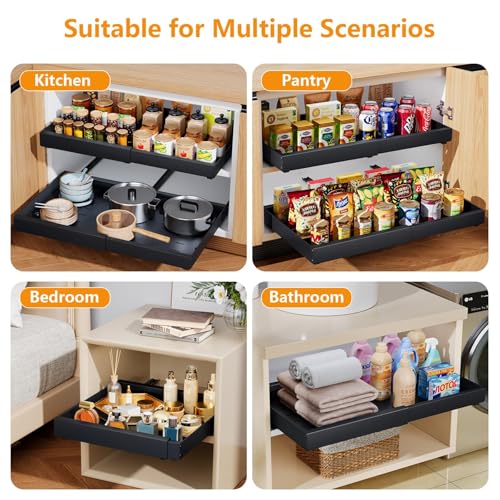 Pull Out Cabinet Organizer, 21" Deep, Expandable(12.6"-21.3"), Slide Out Drawers for Cabinets with Adhesive, Adjustable Roll Out Shelves for Kitchen Pantry (Black-2 Pack, 21"D x 12.6"W x 2.76"H)