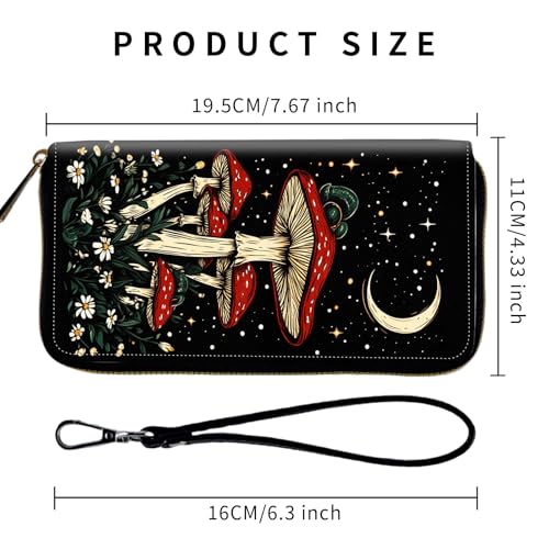 Wallet,Leather Long Wallet Suitable For Ladies And Teenagers - Detachable Wristband + RFID Travel Wallet With Card Slot - Mushrooms Under Moon Stars2