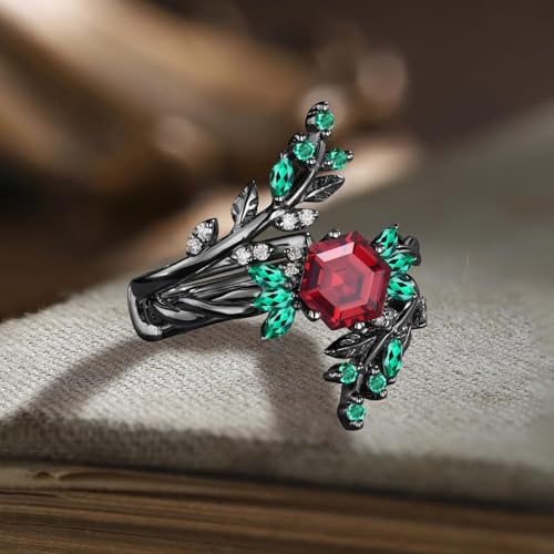 1.5CT Created Ruby Rings Set for Women Ruby Leaf Art Deco 2Pcs Ring Wedding Band With Emerald Twig 10K 14K 18K Black Gold Luxury Anniversary Jewelry with Gift Box3