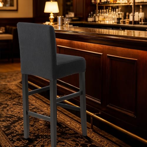 Image of YISUN Waterproof Bar Stool Covers, Stretch Barstool Slipcovers with Backs, Removable Washable Pub Tall Chair Slipcover, Counter Chair Seat Protector Cover, Jacquard Black 2 Pack