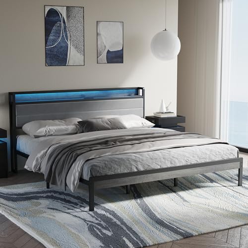 Image of LIKIMIO King Size Bed Frame, Storage Headboard with LED Lights and Charging Station, Metal Platform Bed No Box Spring Needed, Noise Free, Under Bed Storage, Charcoal Gray
