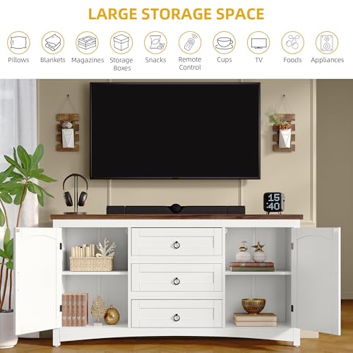 DWVO Television Stand for 65" TVs, Farmhouse Entertainment Center with 3 Drawers & 2 Cabinets, Rustic Living Room Media Console Table w/Storage, Wooden Buffet Sideboard Cabinet for Dining Room, White
