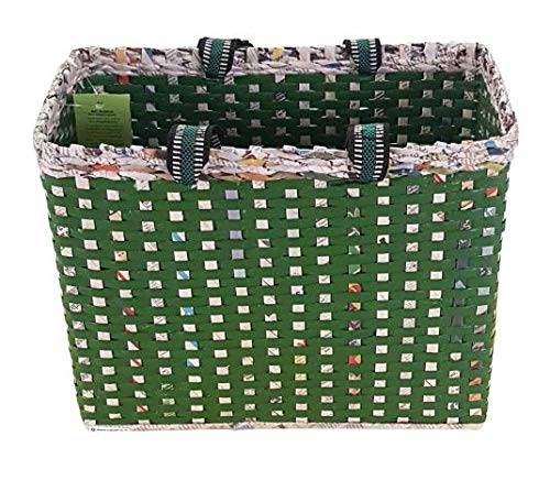 Image of Paperus, Large, Lunch Bag, Picnic Basket, Carry Bag, Handbag, Tiffin Basket for Office; Rectangular, Eco-Friendly, Handmade, of Paper Ropes, in Inch 11 H, 14 L, 7 Wide Base Green
