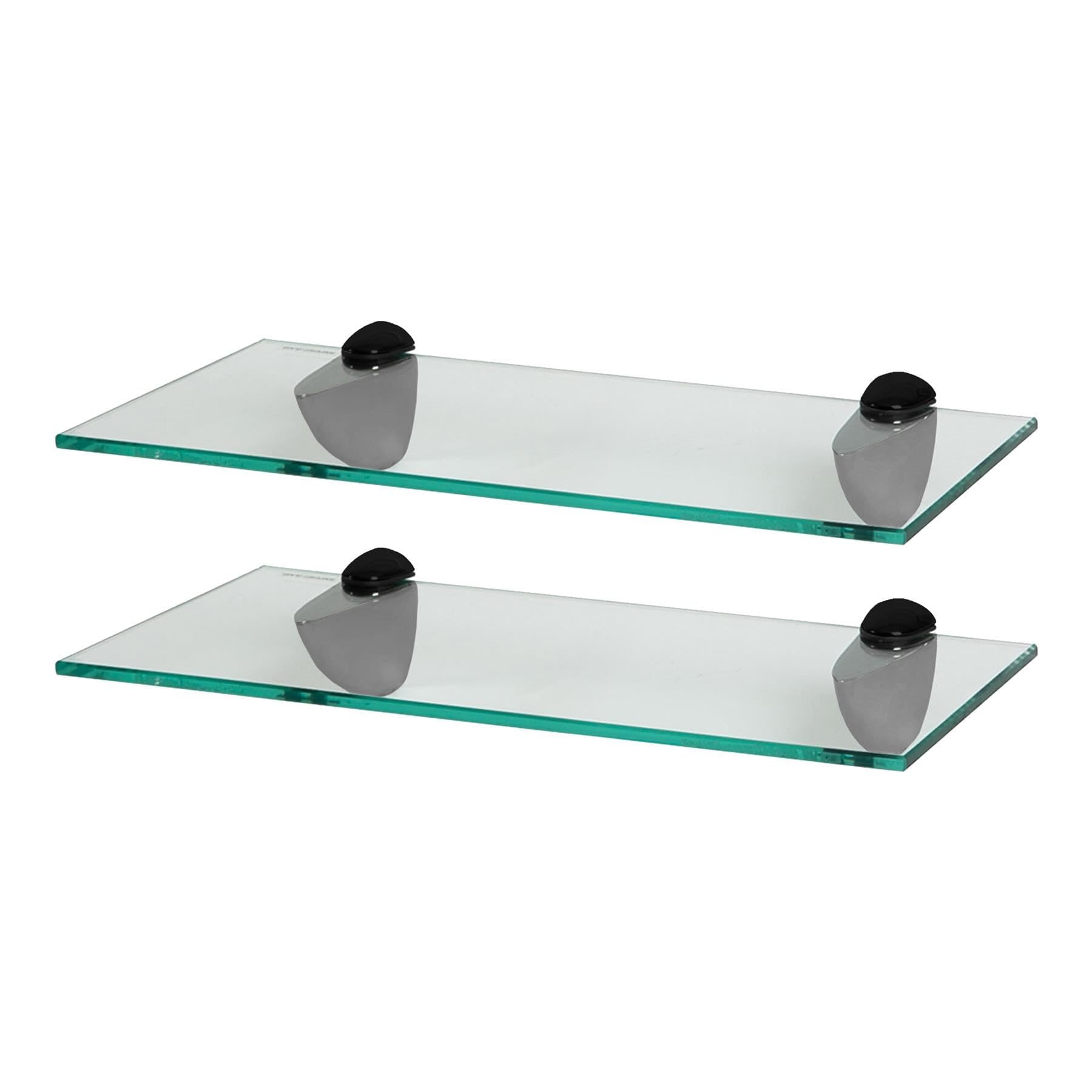 Harbour Housewares Floating Glass Bathroom Shelves - 40cm - Clear/Black - 2x Wall-Mounted Kitchen Bedroom Shower Room Décor Caddy Towel Storage Organiser Shelving Rack with Brackets