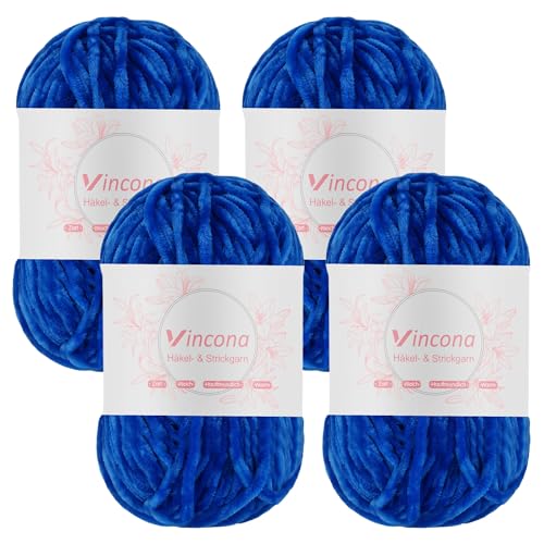 Vincona 4 x 100g Chenille Wolle zum Häkeln - Kuschelig und hautfreundlich，Garn zum Stricken und Häkeln - 100% Polyester – 4 x 120 m – Nadelstärke 5-6 Königsblau