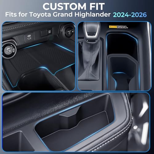 Image of 1st & 2nd Row Cup Holder Inserts & Wireless Charging Protective Mat for Toyota Grand Highlander 2026 2025 2024, Interior Accessories Center Console Front & Rear Cup Holders Protector, Black