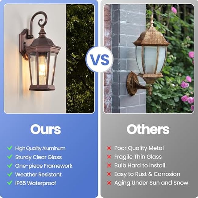 Outdoor Wall Lantern, Exterior Waterproof Outdoor Wall Light Fixtures, Brown Aluminum Porch Sconces with E26 Sockets & Clear Glass