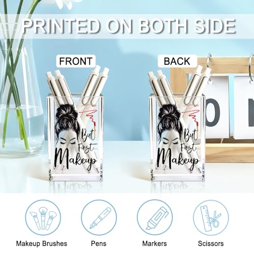 Image of But First Makeup Acrylic Cosmetic Holder, Funny Makeup Brush Holder Gifts for Cosmetologist Women Girls, Bathroom Vanity Storage for Make up Brushes, Birthday Gifts for Daughter Niece Sister