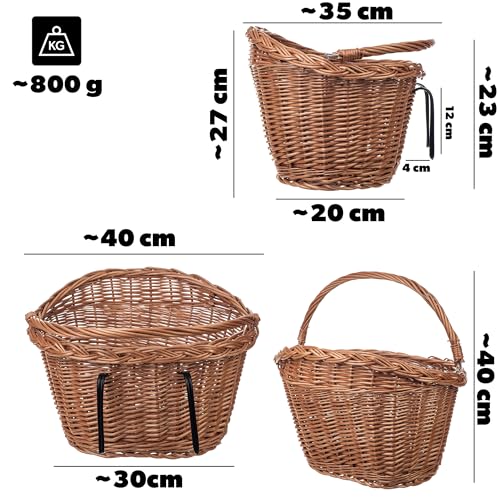 KADAX Fahrradkorb Vorne aus robuster Weide, Lenkerkorb mit Tragegriff und Stahlhaken, Klassischer Weidenkorb für Lenker, Großer Korb für Fahrrad (Braun)