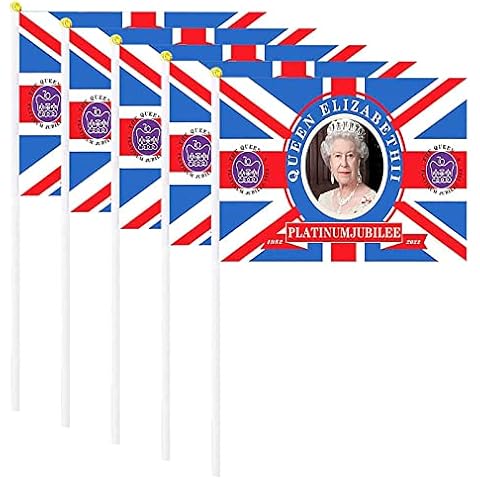 5PC Queen Platinum Jubilee Hand Waving Flags ,Queen Elizabeth Waving Flag,Queen Of England 70th Anniversary Flag Waving Queen Elizabeth Flag Party Decoration (C) Cover