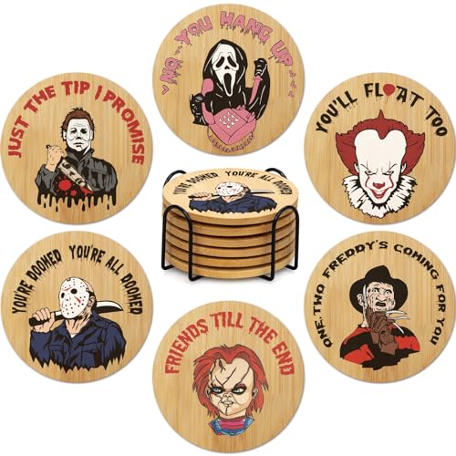 6Pcs Horror Movie Character Spooky Coasters Gift Set with Holder -...
