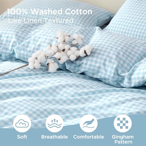 Image of TOCOMOA Light Blue Gingham Duvet Cover Bedding Set 100% Washed Cotton Like Linen Feel Super Soft Comfy 3 Piece Vintage Plaid Checkered Comforter Cover Set (Queen 90 inchx90 inch, Comforter Not Included)