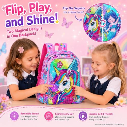 Image of 3PCS Unicorn Backpack for Girls, 16 inch Kids Bookbag with Lunch Box，Sequins School Bags for Elementary Preschool Kindergarten (Pink)
