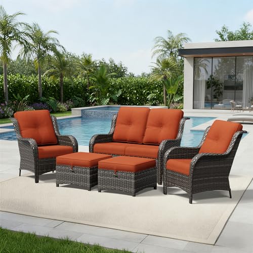 Image of Joyside 5 Piece Wicker Patio Furniture Set, Rattan Patio Chairs with High Back, Deep Seating, Wide Armrest, Thickened Cushions, Outdoor Furniture for Deck, Porch Use